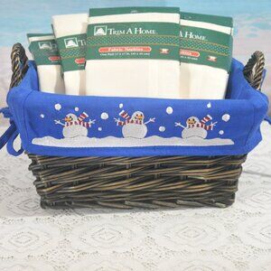 Basket with Snowman Liner and 5 Packages of Fabric Napkins 2 pack each